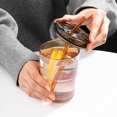 13oz/400ml Tumbler Water Glass, cangkir dengan jerami dan tutup disegel Bawa untuk Kopi, Es Teh, tebal dinding terisolasi kaca