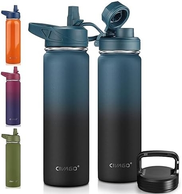 32 oz Botol Air Terisolasi Dengan Jerami, Botol Minuman Olahraga Baja Karet dengan 3 Tutup (Tulang, Seluar dan Tutup Genggam)