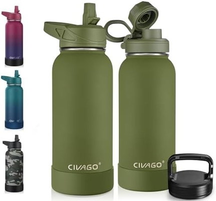 32 oz Botol Air Terisolasi Dengan Jerami, Botol Minuman Olahraga Baja Karet dengan 3 Tutup (Tulang, Seluar dan Tutup Genggam)
