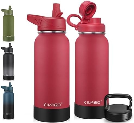 32 oz Botol Air Terisolasi Dengan Jerami, Botol Minuman Olahraga Baja Karet dengan 3 Tutup (Tulang, Seluar dan Tutup Genggam)