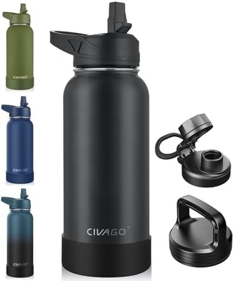 32 oz Botol Air Terisolasi Dengan Jerami, Botol Minuman Olahraga Baja Karet dengan 3 Tutup (Tulang, Seluar dan Tutup Genggam)