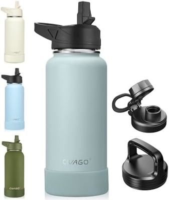 32 oz Botol Air Terisolasi Dengan Jerami, Botol Minuman Olahraga Baja Karet dengan 3 Tutup (Tulang, Seluar dan Tutup Genggam)