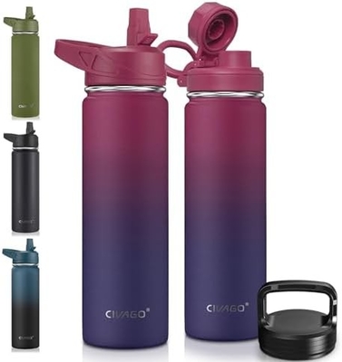 32 oz Botol Air Terisolasi Dengan Jerami, Botol Minuman Olahraga Baja Karet dengan 3 Tutup (Tulang, Seluar dan Tutup Genggam)