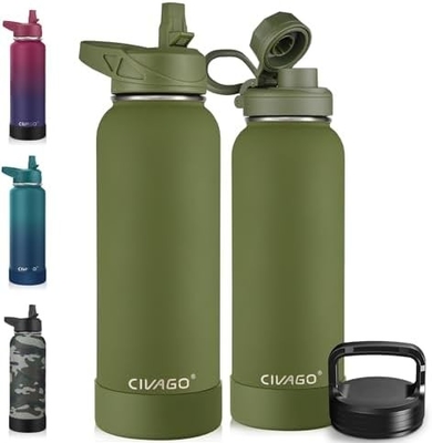 32 oz Botol Air Terisolasi Dengan Jerami, Botol Minuman Olahraga Baja Karet dengan 3 Tutup (Tulang, Seluar dan Tutup Genggam)