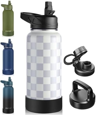 32 oz Botol Air Terisolasi Dengan Jerami, Botol Minuman Olahraga Baja Karet dengan 3 Tutup (Tulang, Seluar dan Tutup Genggam)