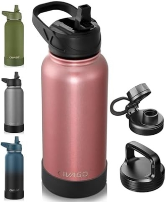 32 oz Botol Air Terisolasi Dengan Jerami, Botol Minuman Olahraga Baja Karet dengan 3 Tutup (Tulang, Seluar dan Tutup Genggam)