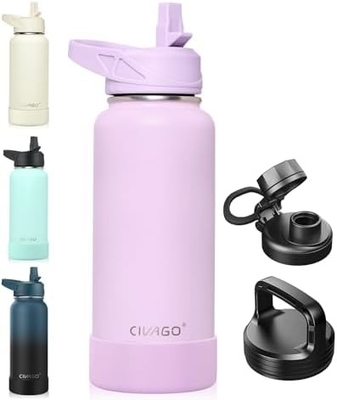 32 oz Botol Air Terisolasi Dengan Jerami, Botol Minuman Olahraga Baja Karet dengan 3 Tutup (Tulang, Seluar dan Tutup Genggam)