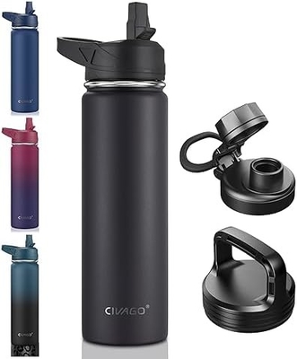 32 oz Botol Air Terisolasi Dengan Jerami, Botol Minuman Olahraga Baja Karet dengan 3 Tutup (Tulang, Seluar dan Tutup Genggam)