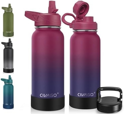 32 oz Botol Air Terisolasi Dengan Jerami, Botol Minuman Olahraga Baja Karet dengan 3 Tutup (Tulang, Seluar dan Tutup Genggam)