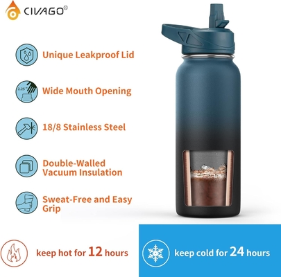 32 oz Botol Air Terisolasi Dengan Jerami, Botol Minuman Olahraga Baja Karet dengan 3 Tutup (Tulang, Seluar dan Tutup Genggam)