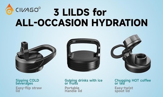 32 oz Botol Air Terisolasi Dengan Jerami, Botol Minuman Olahraga Baja Karet dengan 3 Tutup (Tulang, Seluar dan Tutup Genggam)