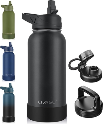 32 oz Botol Air Terisolasi Dengan Jerami, Botol Minuman Olahraga Baja Karet dengan 3 Tutup (Tulang, Seluar dan Tutup Genggam)