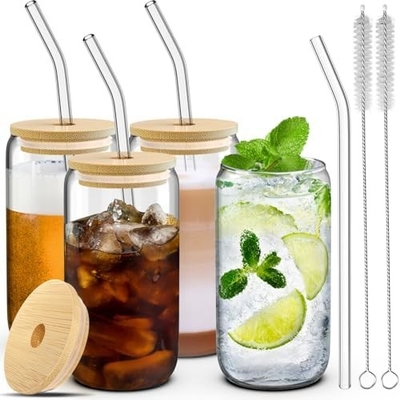 4 set cangkir kaca dengan tutup dan sedotan 16 oz, gelas minum set, es cangkir kopi dengan tutup bambu,