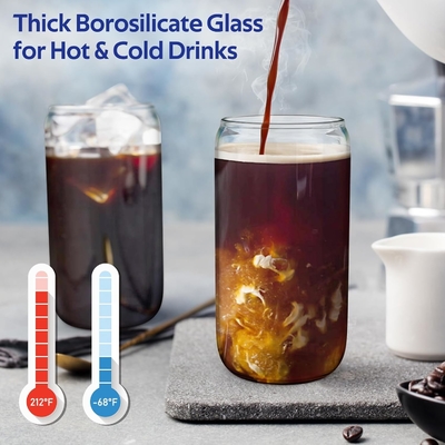 4 set cangkir kaca dengan tutup dan sedotan 16 oz, gelas minum set, es cangkir kopi dengan tutup bambu,