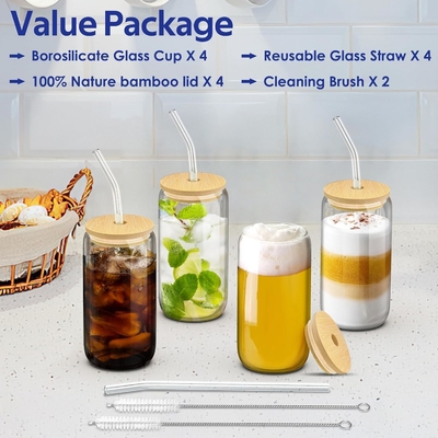 4 set cangkir kaca dengan tutup dan sedotan 16 oz, gelas minum set, es cangkir kopi dengan tutup bambu,