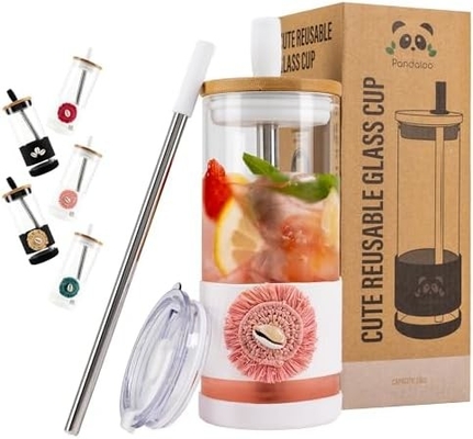 Cangkir Kaca Dengan Tutup Dan Jerami -20 Fl Oz- Cangkir Kopi Es Ukuran Sempurna - Cangkir Smoothie Dengan Bambu