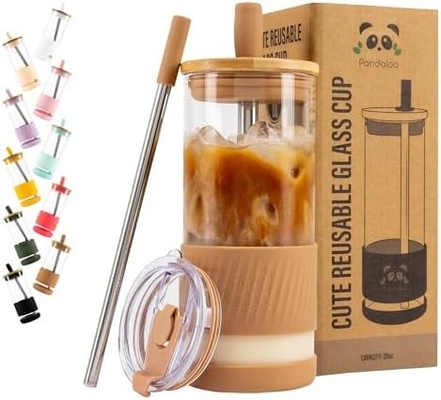 Cangkir Kaca Dengan Tutup Dan Jerami -20 Fl Oz- Cangkir Kopi Es Ukuran Sempurna - Cangkir Smoothie Dengan Bambu