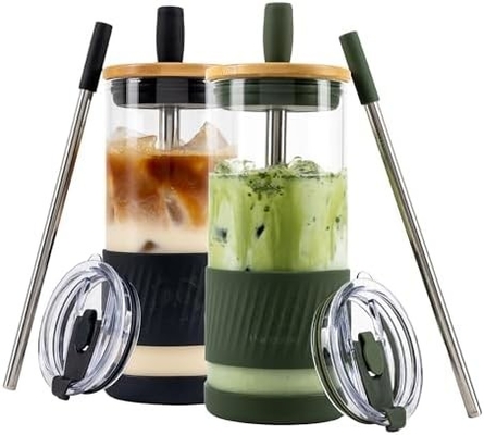 Cangkir Kaca Dengan Tutup Dan Jerami -20 Fl Oz- Cangkir Kopi Es Ukuran Sempurna - Cangkir Smoothie Dengan Bambu