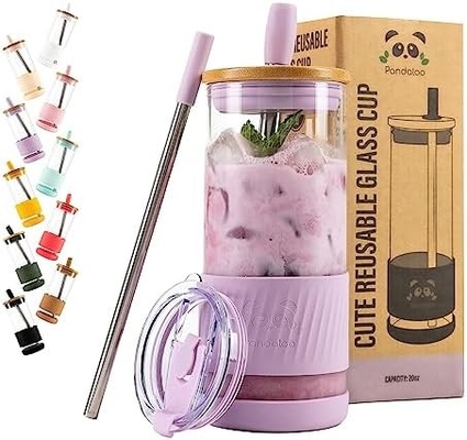Cangkir Kaca Dengan Tutup Dan Jerami -20 Fl Oz- Cangkir Kopi Es Ukuran Sempurna - Cangkir Smoothie Dengan Bambu
