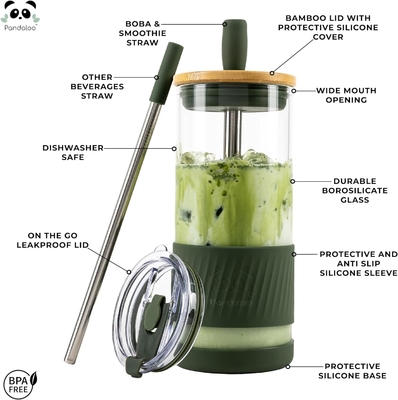 Cangkir Kaca Dengan Tutup Dan Jerami -20 Fl Oz- Cangkir Kopi Es Ukuran Sempurna - Cangkir Smoothie Dengan Bambu