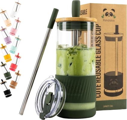 Cangkir Kaca Dengan Tutup Dan Jerami -20 Fl Oz- Cangkir Kopi Es Ukuran Sempurna - Cangkir Smoothie Dengan Bambu