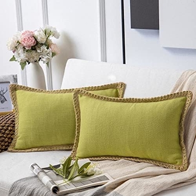Phantoscope Paket dari 2 rumah pertanian dekoratif lempar bantal penutup, pola padat untuk rumah Burlap Linen trimmed disesuaikan