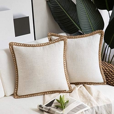 Phantoscope Paket dari 2 rumah pertanian dekoratif lempar bantal penutup, pola padat untuk rumah Burlap Linen trimmed disesuaikan