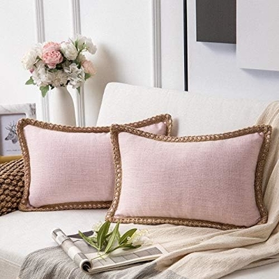 Phantoscope Paket dari 2 rumah pertanian dekoratif lempar bantal penutup, pola padat untuk rumah Burlap Linen trimmed disesuaikan