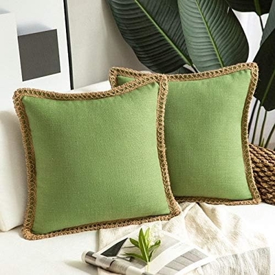 Phantoscope Paket dari 2 rumah pertanian dekoratif lempar bantal penutup, pola padat untuk rumah Burlap Linen trimmed disesuaikan