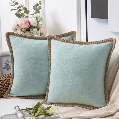 Phantoscope Paket dari 2 rumah pertanian dekoratif lempar bantal penutup, pola padat untuk rumah Burlap Linen trimmed disesuaikan