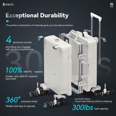 Bagasi tanpa ritsleting dengan 4 roda 20 inci Hard Shell koper dengan PC + ABS TSA Kunci 4 Metal Corner Putih