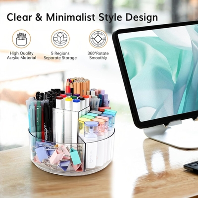 5 Slot 360-Degree Spinning Acrylic Pen Holder untuk Meja, Pemegang Marker Caddy Art Supply Organizer Pen Organizer untuk Meja