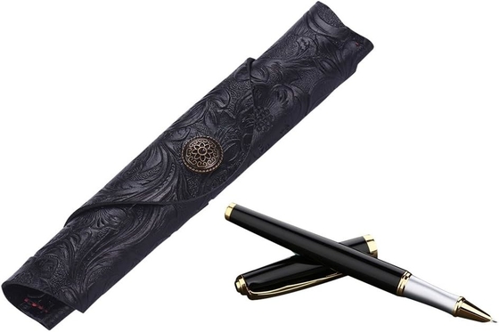 Vintage Handmade Kulit Single Pen Case Holder Kulit sapi Fountain Pen Sleeve Roll Wrap Pen Pouch (hitam Ukiran)
