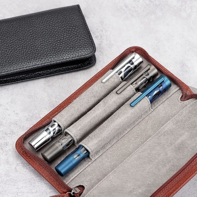 Kasus Pena Kulit Asli 3 Slot Pembagian Warna Hitam, Kantong Kasus Pena Zippered