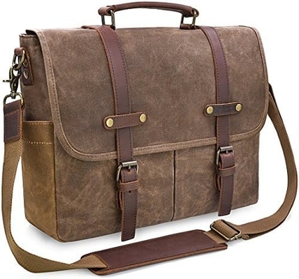 15.6 Inci Waterproof Vintage Kulit Asli Canvas Waxed Kantong Kantong Kulit Besar Komputer Laptop Tas Rugged Satchel