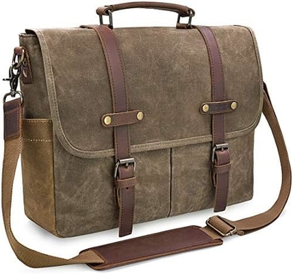 15.6 Inci Waterproof Vintage Kulit Asli Canvas Waxed Kantong Kantong Kulit Besar Komputer Laptop Tas Rugged Satchel