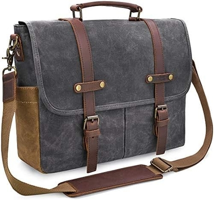 15.6 Inci Waterproof Vintage Kulit Asli Canvas Waxed Kantong Kantong Kulit Besar Komputer Laptop Tas Rugged Satchel