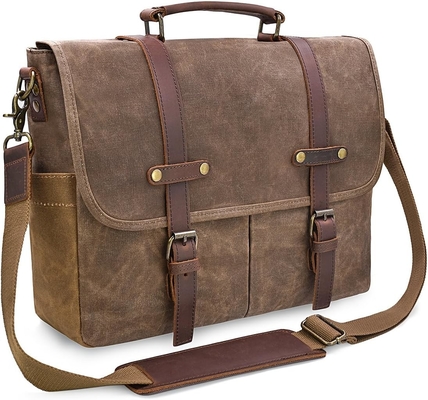 15.6 Inci Waterproof Vintage Kulit Asli Canvas Waxed Kantong Kantong Kulit Besar Komputer Laptop Tas Rugged Satchel
