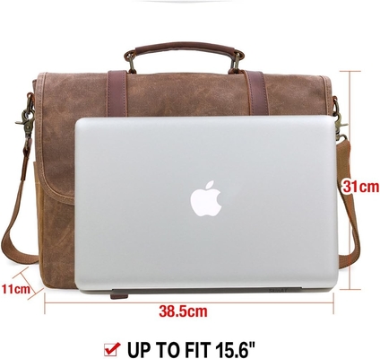 15.6 Inci Waterproof Vintage Kulit Asli Canvas Waxed Kantong Kantong Kulit Besar Komputer Laptop Tas Rugged Satchel