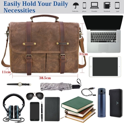 15.6 Inci Waterproof Vintage Kulit Asli Canvas Waxed Kantong Kantong Kulit Besar Komputer Laptop Tas Rugged Satchel