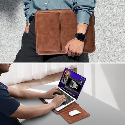 Kasus laptop MacBook Air 13.6M3 M2 A3113 A2681/MacBook Pro 14 A2992-PU Tutup tas kulit tipis dengan fungsi berdiri, cokelat