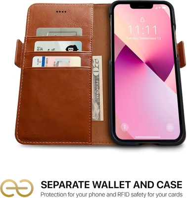 iPhone 13 Kasus dompet / Kasus kejut 2 dalam 1 dan set kulit vegan yang bisa dilepas, kompatibel dengan MagSafe, dilindungi RFID