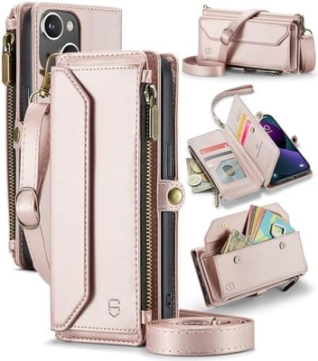 Kasus iPhone 13, dompet ritsleting dengan 7 kartu, gelang flip-flop magnetik kulit