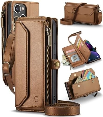 Kasus iPhone 13, dompet ritsleting dengan 7 kartu, gelang flip-flop magnetik kulit