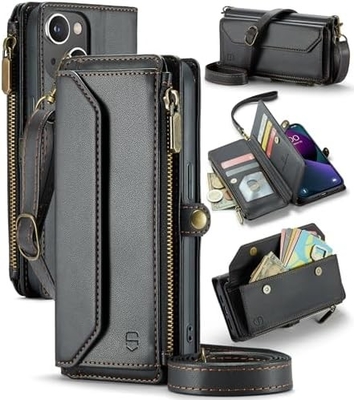 Kasus iPhone 13, dompet ritsleting dengan 7 kartu, gelang flip-flop magnetik kulit