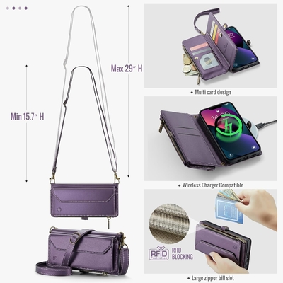 Kasus iPhone 13, dompet ritsleting dengan 7 kartu, gelang flip-flop magnetik kulit