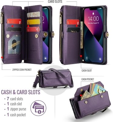 Kasus iPhone 13, dompet ritsleting dengan 7 kartu, gelang flip-flop magnetik kulit