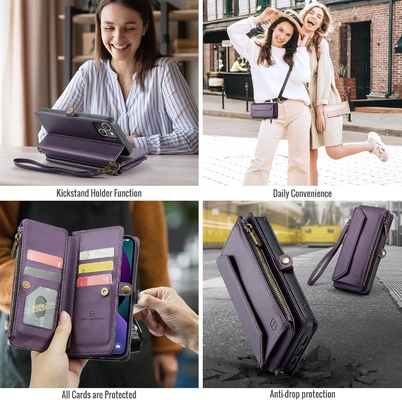 Kasus iPhone 13, dompet ritsleting dengan 7 kartu, gelang flip-flop magnetik kulit