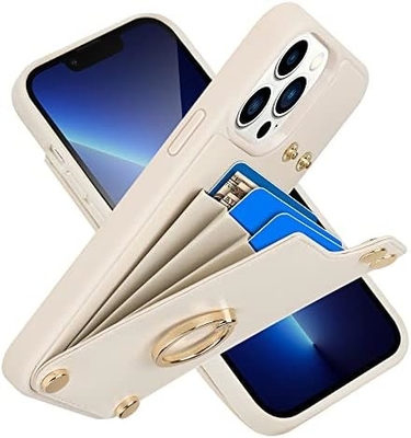 Pemegang kartu dengan iPhone 13 Pro Max, pemegang cincin berputar 360 °, pemegang kulit slot kartu kasus, tutup tahan guncangan RFID,
