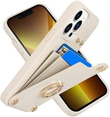 Pemegang kartu dengan iPhone 13 Pro Max, pemegang cincin berputar 360 °, pemegang kulit slot kartu kasus, tutup tahan guncangan RFID,
